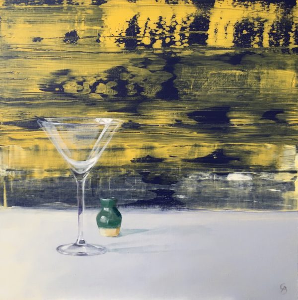 Martini glass with little grey pot. Oil on canvas 16x16in